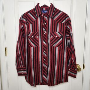 Mens Vintage Wrangler X-Long Tails Red Black Striped Western Shirt Pearl Snap